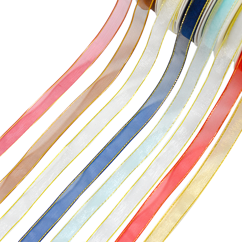 1.2CM Width Plain Sheer Organza Ribbon 100% Polyester with Gold Wire for Gift Wrapping and DIY Decorations