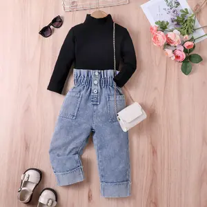 2024 Autumn Clothes Baby Girls Long Sleeve Knit Tops Denim Pants Jeans 2pcs Children Fashion Outfits