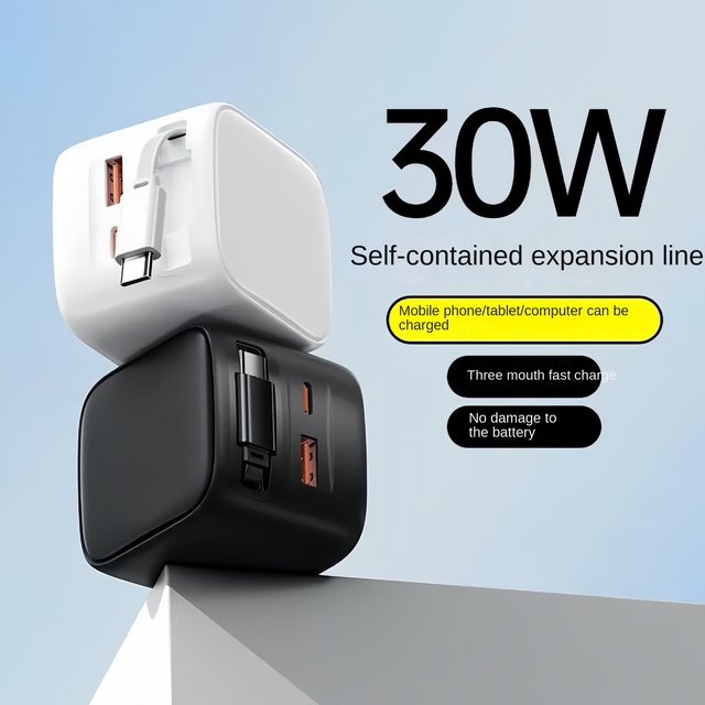 30W GaN Fast Wall Charger Block Portable USB A C PD Travel Charger Adapter with Retractable Cable for iPhone 16 15 iPad Galaxy