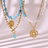 Collier superposé en perles baroques et pierres précieuses de jade bleu, pendentif floral vintage doré, bijoux de mode