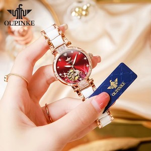 นาฬิกาข้อมือจักรกล OUPINKE 3211 สำหรับผู้หญิง สายสแตนเลสเซรามิกหรูหรา สีโรสโกลด์ ประดับเพชร นาฬิกาผู้หญิง reloj mujer - Product Image 5