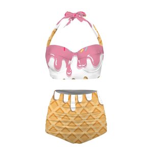 Conjunto de bikini de 2 piezas con estampado de cono de helado para mujer, top halter con pantalones cortos fruncidos, traje de baño con estampado de dibujos animados - Product Image 1