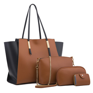 Conjunto de bolsos de mano de piel sintética 4 en 1 para mujer, bolso grande con bloques de color, bolso cruzado, tarjetero y monedero. - Product Image 2