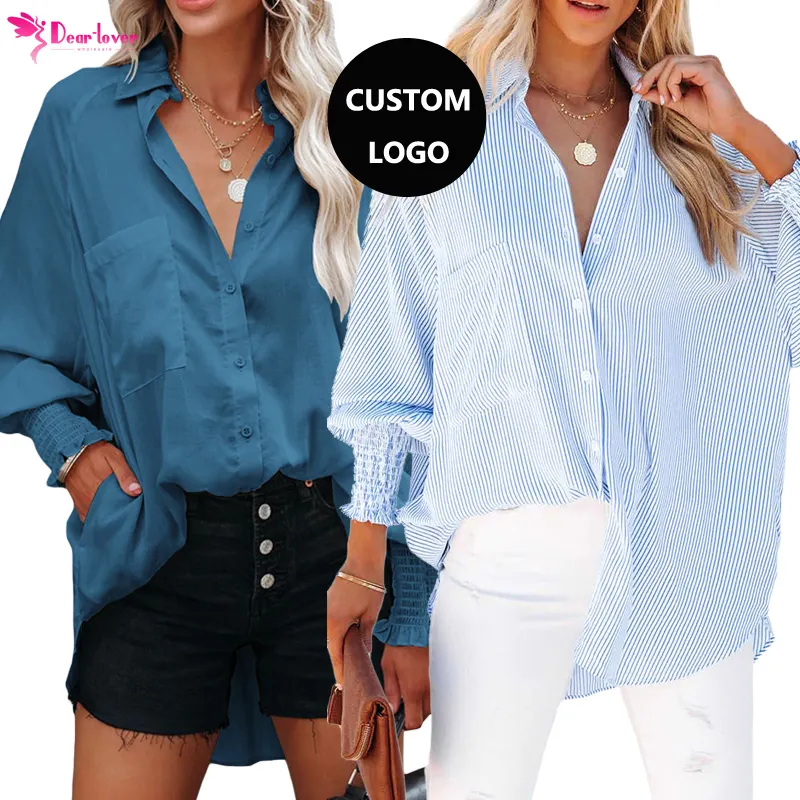 Dear-Lover Custom Logo Wholesale Fashion Autumn Fall Elegant Deep V Neck Boho Embroidery Chiffon Shirts Tops Women Blouse