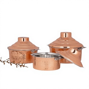 Set of Three <b>Copper</b> Finished Hotpot Premium Quality handmade Casserole Round Shape Luxury New Metal Food Warmer - Product Image 1