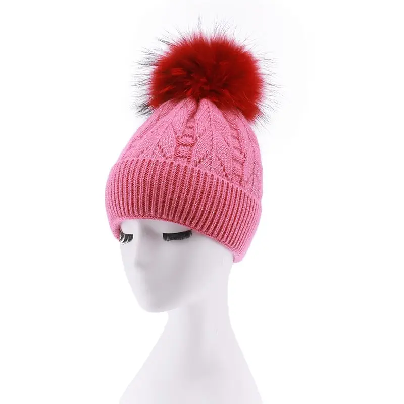 Hot Selling Beanies For Women mink cashmere Custom Cap pink Winter Knitted faux Fur Pom Hat Hot sale products