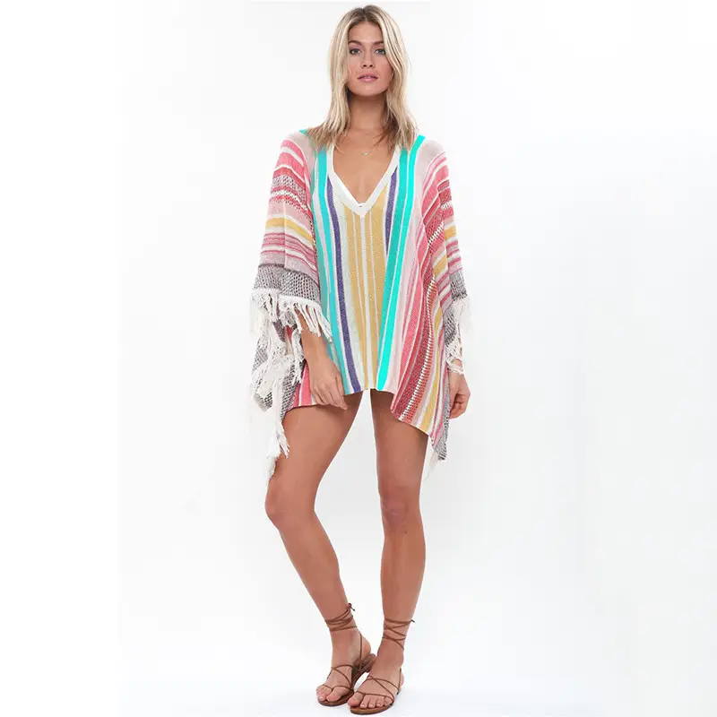 Xuanlang Wholesale Sarong Colorful Pareo Beach Cover with Ruffles Sexy Deep V Neck Crochet India Indonesia Bali Sarong for Women