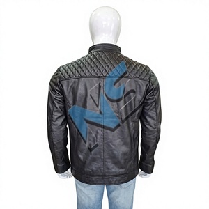 Blouson moto en cuir pour homme, col montant, fermeture éclair frontale, épaules matelassées, imprimé lettres par transfert thermique, doublure en polyester imperméable - Product Image 2
