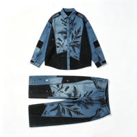 Chemise en jean Kornit imprimée DTG, coupe ample, effet vieilli, délavée, style streetwear, motif végétal, effet soleil éclairé