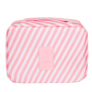 Bolsa de Cosméticos Pequeña Cuadrada Portátil, Organizador de Maquillaje de Viaje con Compartimentos, Patrón de Rayas Rosa y Azul - Product Image 5