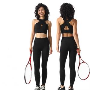 <strong>Lace</strong> <strong>Trim</strong> Yoga Set for Women 2-Piece Sweat-Wicking Solid Crop Top High Waist <strong>Leggings</strong> Push-Up Sexy Fitness - Product Image 1