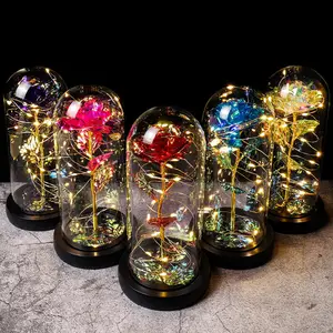 Yapay enchanted altın gül Led lamba altın folyo gül cam kubbe sevgililer günü hediyeleri için ışıkları ile LED