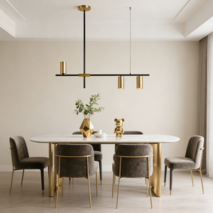 Lustre long décoratif en cuivre de style nordique simple, couleur or et noir, pour salle à manger, restaurant, avec éclairage COB Sport - Product Image 1