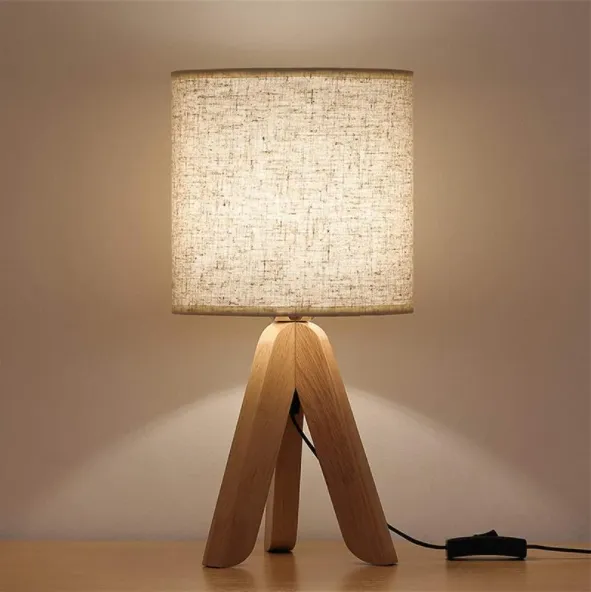 Bamboo wood tripod Touch three color dimming Table Lamp Modern fabric Bedside Desk Lamp