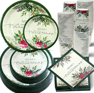 Kits de fournitures de fête jetables en gros, gobelets, assiettes, serviettes en papier compostables personnalisés imprimés, ensemble de <span class=keywords><strong>vaisselle</strong></span> en papier floral pour Noël - Product Image 1