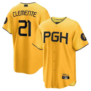 Camiseta de béisbol de los Pittsburgh Pirates PGH Clemente 21 Gold para adultos de secado rápido que absorbe la humedad - Product Image 1