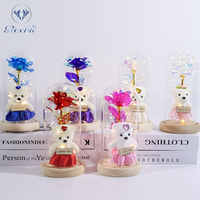 Rose et Ours Galaxie dans un dôme en verre, veilleuse LED, fleur éternelle Galaxie avec guirlande lumineuse féerique dans un dôme en verre