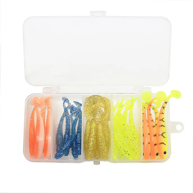 Esche Da Pesca Morbido di Plastica Dura 25pcs o 50pcs Misto di Pesce a due colori T CODA di Richiamo di Pesca Set CON LA SCATOLA