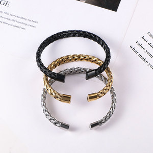 Brazalete Abierto de Alambre Trenzado de Acero Inoxidable, Joyería de Moda en Negro, Dorado y Plateado, CZ080 - Product Image 2