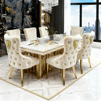 Table à manger haut de gamme en acier inoxydable de grande taille pour 10 personnes avec plateau en marbre et pieds dorés, prix de gros assemblé