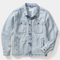 Veste de travail en jean délavé bleu clair pour homme, coupe décontractée, double poche plaquée sur la poitrine, boutonnée, décontractée, logo personnalisé, fabrication OEM