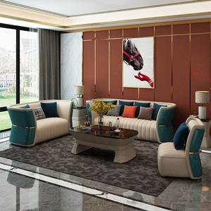 Juego de Sofás de Cuero de Lujo Estilo Europeo Moderno para Sala de Villa con Mesa de Centro y Mueble para TV - Product Image 6