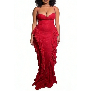 Vestido de Encaje Rojo para Mujer - Tirantes Finos, Volantes en el Bajo, Espalda Descubierta, Vestido Formal de Noche, Ropa de Moda - Product Image 1