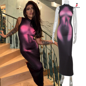 L1057-2026 Nuovi Arrivi Abito Lungo Aderente Senza Maniche Stampato in 3D Elasticizzato per Donne - Product Image 1