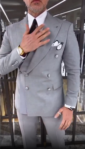 ชุดสูทผู้ชายสีเทากระดุมสองแถวมีปกเสื้อชุดทางการ2ชิ้นชุดทำงานแบบลำลอง - Product Image 2