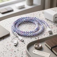 Câble de charge rapide USB multifonction 3-en-1 tendance avec perles confettis et motif moucheté, type C, cadeau artistique pour smartphones