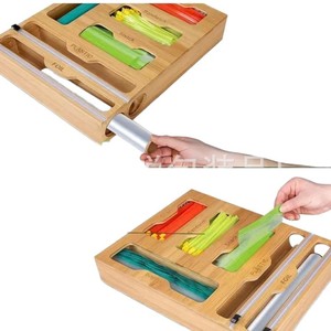 Bamboo Drawer Style Cling Film Storage Rack Wall Mounted <b>Foil</b> Cutter Holder Kitchen Food Bag Organizer Rectangle Lacquered - Product Image 1