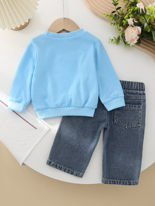 Nouvel ensemble deux pièces pour filles, automne et hiver, sweat-shirt à manches longues uni, décoration en nœud, <span class=keywords><strong>jean</strong></span> - Product Image 3