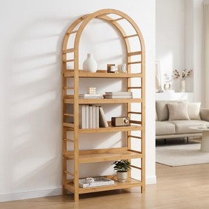 Scaffale Espositivo Moderno in Bambù a 5 Ripiani, Libreria Romana Elegante e Artistica, Porta Piante per Soggiorno - Product Image 1