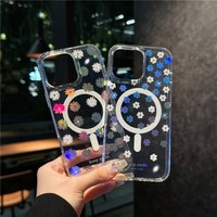 Coque magnétique transparente en PC et TPU avec motif floral laser pour iPhone 17 Air, 16 Pro Max Plus et iPhone 15 Plus Pro Max