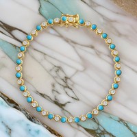 Ensemble collier et bracelet tennis plaqué or avec pierres CZ blanches et turquoise bleue, style mode pour femme
