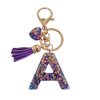 Portachiavi con Iniziale a Cuore in Glitter Viola - Portachiavi in Resina con 26 Lettere dell'Alfabeto, Ciondolo a Cuore e Nappa per Accessori Borsa Donna Ragazza