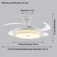 Ventilateur de plafond rétractable de 42 pouces avec lumière LED, lampe de ventilateur de plafond, pales transparentes, télécommande pour chambre à coucher et salon