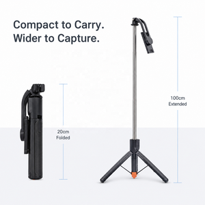 Trépied perche à <span class=keywords><strong>selfie</strong></span> portable extensible <span class=keywords><strong>100</strong></span> <span class=keywords><strong>cm</strong></span> avec télécommande sans fil et support de téléphone rotatif à 360° pour les voyages et le streaming en direct - Product Image 2