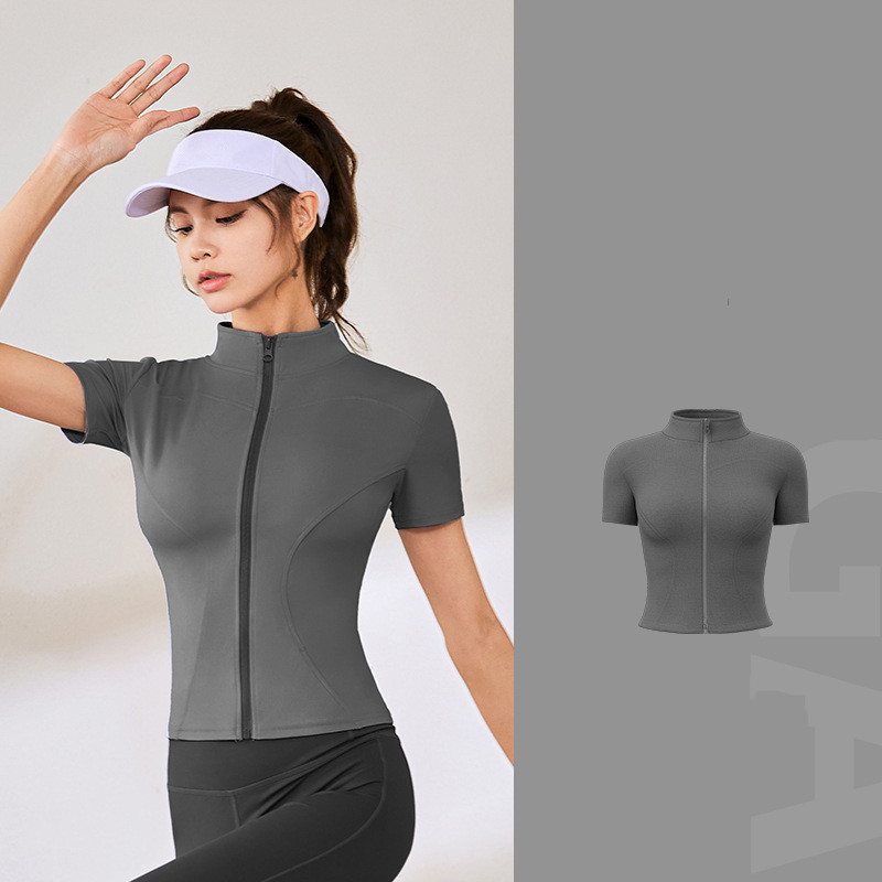 Slim Zipper Yoga Short Sleeve Top Casual Standing Collar Fitness Jacket Quick Dry Breathable Outdoor Yoga Clothing