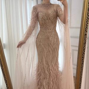 Gaun Malam Mewah Serene Hill LA71885C Turquoise Model Duyung 2026 Kerah Tinggi Berhias Manik-Manik Berat dengan Lengan Cape Berbulu untuk Acara Formal - Product Image 4