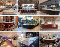 Comptoir de caisse de restaurant en forme de L moderne et durable avec plateau en pierre à surface solide, structure en bois et métal pour usage hôtelier