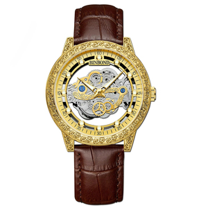 Montre squelette classique pour homme, quartz, dorée, avec lunette gravée, bracelet en cuir marron, luxe, vintage, étanche, lumineuse - Product Image 1