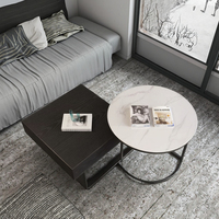 Table basse de rangement 2-en-1 en pierre frittée, table ronde avec tiroir carré, design peu encombrant pour salon et maison