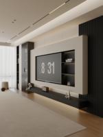 Meuble TV mural design moderne et luxueux pour salon, ensemble de meubles en bois avec panneaux muraux.