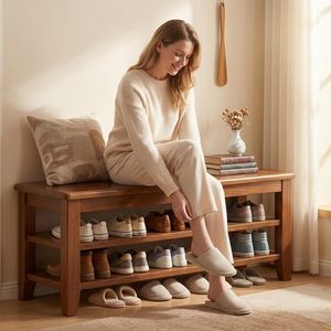Solid Wood <b>Shoe</b> Bench Double Layer <b>Storage</b> With Hidden Compartment For Entryway And Living Room - Product Image 3