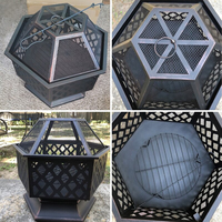 Brasero hexagonal en acier pour bois, avec couvercle en maille ignifuge, revêtement poudré, portable pour patio, jardin, camping