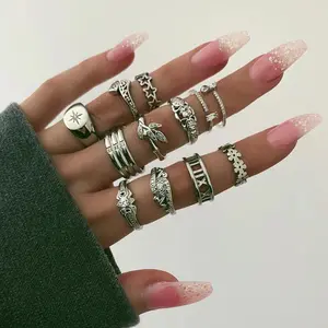 13pcs/sets Bohemian Silver Color Star Rings Sets for Women Shiny Crystal Stone Geometric Wedding Ring Jewelry