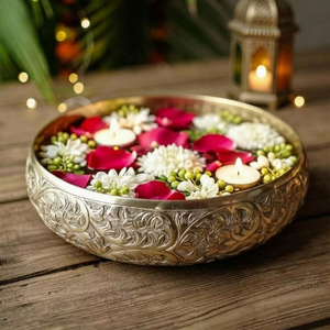 Lotus-Inspired Traditional Indian Motifs Metal Urli Bowl Wide Rim for Floating Petals Handcrafted Tea Home Decoration Wedding - Product Image 1