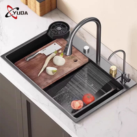 Évier de cuisine multifonction fabriqué à la main à la mode moderne, évier de cuisine noir à cascade nano
