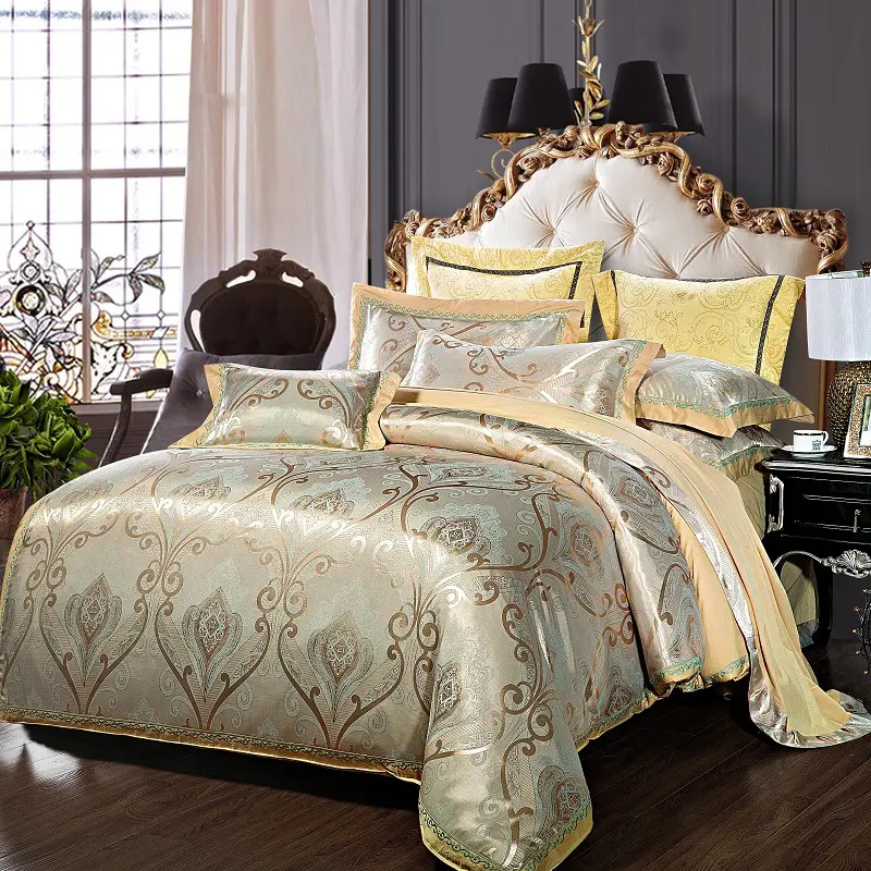 लक्जरी jacquard बिस्तर सेट यूरोपीय शैली कस्टम 7 टुकड़े bedsheet duvet रजाई कवर तकिया मामले बिस्तर सेट होटल के लिए घर
